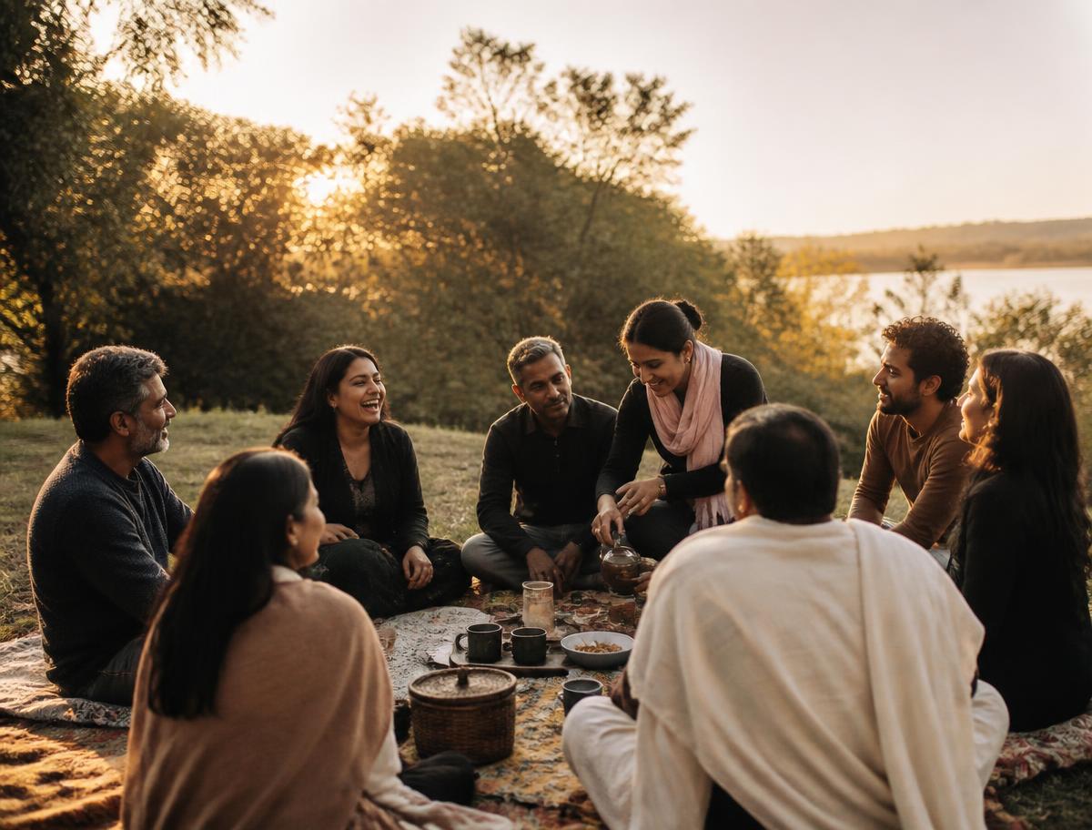 A welcoming group sharing tea and conversation outdoors at sunset
