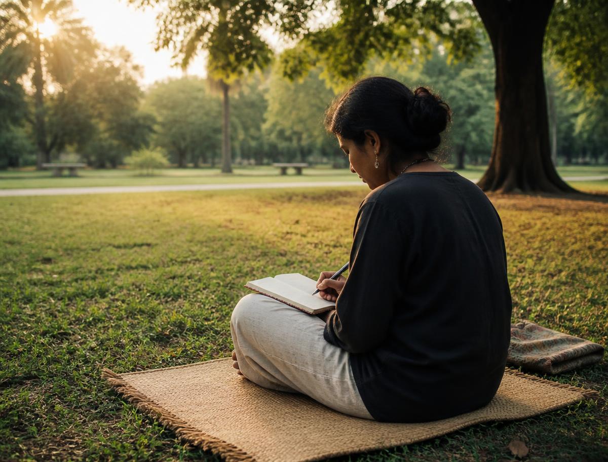 A woman writing quietly in a notebook beneath a tree at sunrise