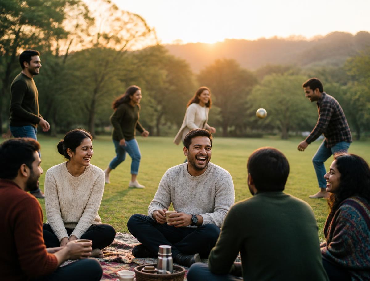 Friends laughing, talking and playing together in a park at sunset