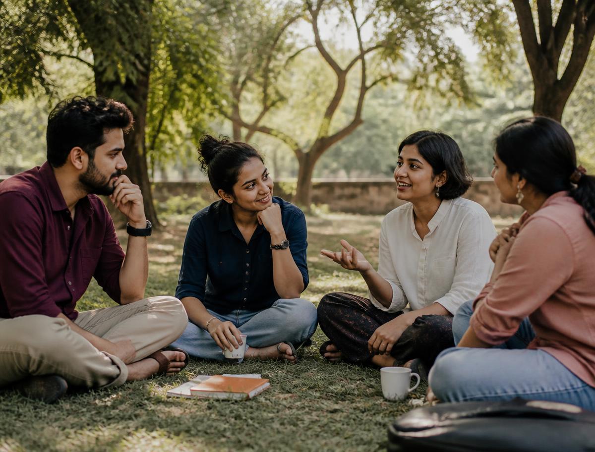 Four people sitting in a circle outdoors and listening to one another