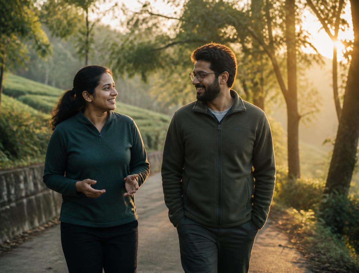 Two friends sharing a conversation while walking in the morning light